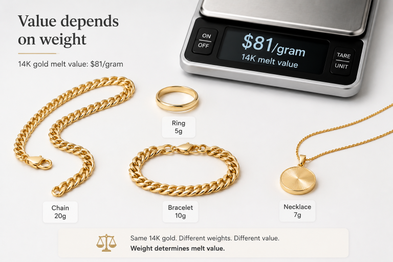 14K gold jewelry items with weights showing melt value per gram calculation
