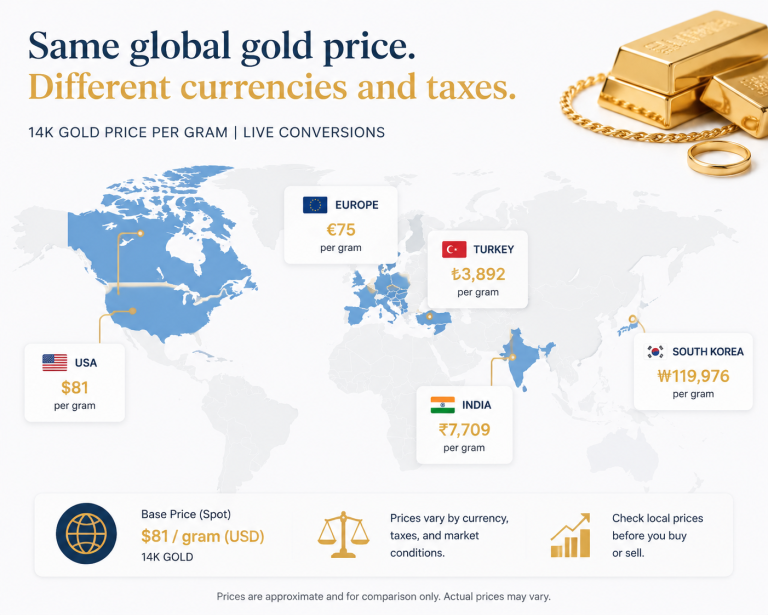 14K gold price per gram comparison across countries including Turkey, India, Korea, Europe and Canada
