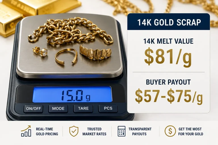 14K scrap gold jewelry on a gram scale with current melt value and buyer payout range